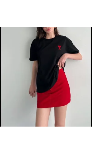 Unisex Bisiklet Yaka Baskılı Oversize T-Shirt - Siyah