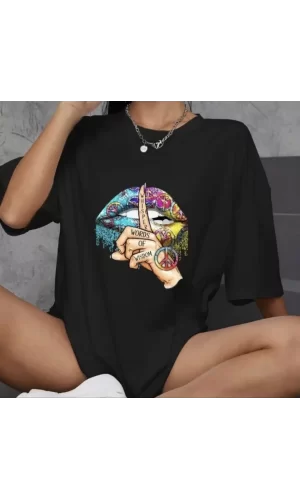 Unisex Bisiklet Yaka Baskılı Oversize T-Shirt - Siyah