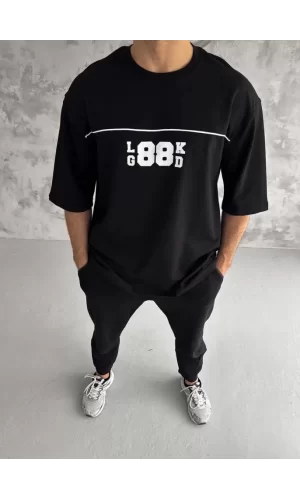 Unisex Bisiklet Yaka Baskılı Oversize T-Shirt - Siyah