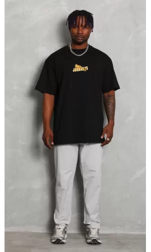 Luz&Pos Unisex Bisiklet Yaka Baskılı Oversize T-shirt - Siyah