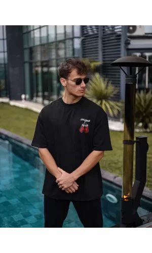 Unisex Bisiklet Yaka Baskılı Oversize T-Shirt - Siyah
