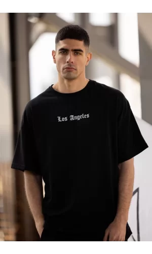 Luz&Pos Unisex Bisiklet Yaka Baskılı Oversize T-shirt - Siyah