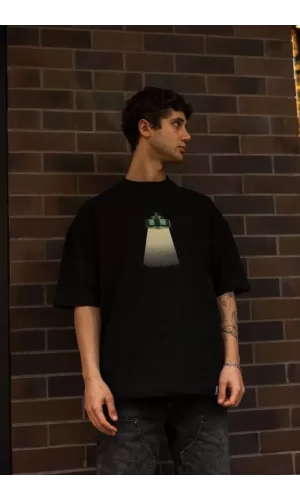 Unisex Bisiklet Yaka Baskılı Oversize T-Shirt - Siyah