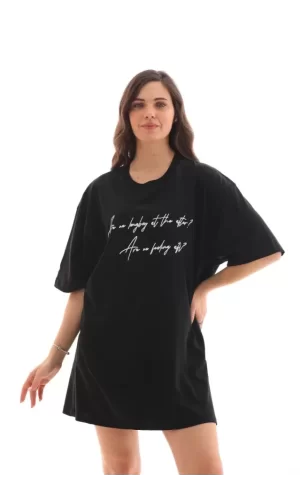 Unisex Bisiklet Yaka Baskılı Oversize T-Shirt - Siyah