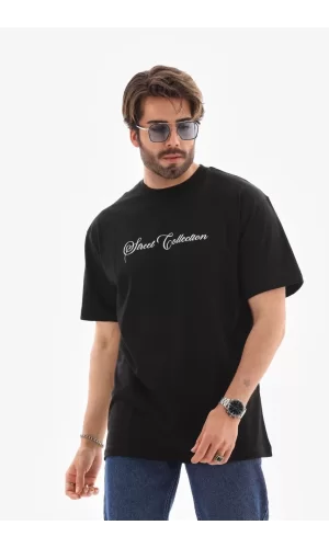 Luz&Pos Unisex Bisiklet Yaka Baskılı Oversize T-shirt - Siyah