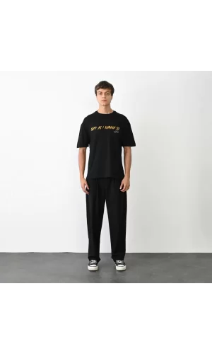 Luz&Pos Unisex Bisiklet Yaka Baskılı Oversize T-shirt - Siyah