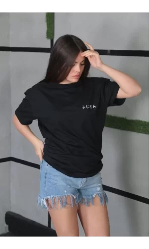 Luz&Pos Unisex Bisiklet Yaka Baskılı Oversize T-shirt - Siyah