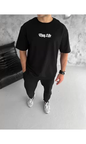 Luz&Pos Unisex Bisiklet Yaka Baskılı Oversize T-shirt - Siyah