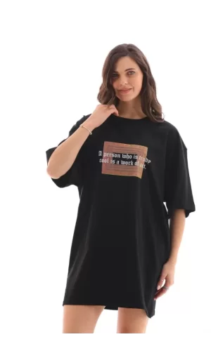 Unisex Bisiklet Yaka Baskılı Oversize T-Shirt - Siyah