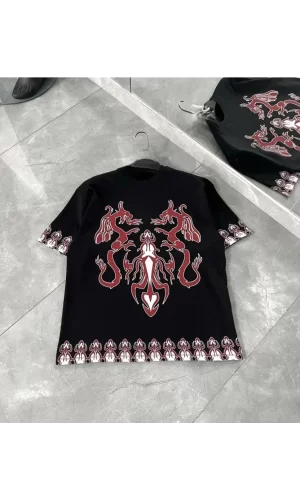 Unisex Bisiklet Yaka Baskılı Oversize T-Shirt - Siyah