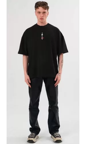 Luz&Pos Unisex Bisiklet Yaka Baskılı Oversize T-shirt - Siyah