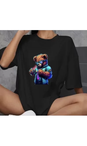 Luz&Pos Unisex Bisiklet Yaka Baskılı Oversize T-shirt - Siyah