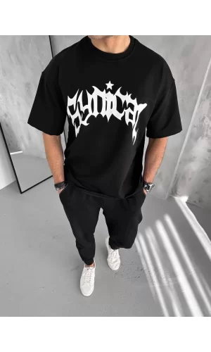 Luz&Pos Unisex Bisiklet Yaka Baskılı Oversize T-shirt - Siyah