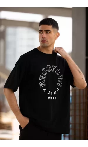 Luz&Pos Unisex Bisiklet Yaka Baskılı Oversize T-shirt - Siyah