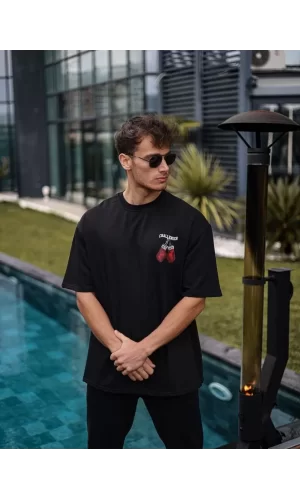 Luz&Pos Unisex Bisiklet Yaka Baskılı Oversize T-shirt - Siyah