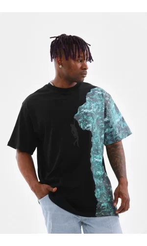 Luz&Pos Unisex Bisiklet Yaka Baskılı Oversize T-shirt - Siyah