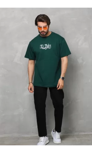 Luz&Pos Unisex Bisiklet Yaka Baskılı Oversize T-shirt - Yeşil