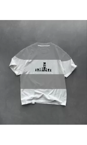 Unisex Bisiklet Yaka Baskılı Parçalı Oversize T-Shirt - Gri
