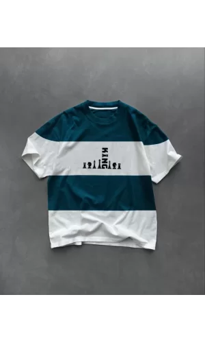 Unisex Bisiklet Yaka Baskılı Parçalı Oversize T-Shirt - Lacivert