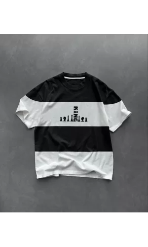 Luz&Pos Unisex Bisiklet Yaka Baskılı Parçalı Oversize T-shirt - Siyah