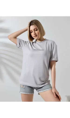 Luz&Pos Unisex Bisiklet Yaka Baskılı Slim Fit T-shirt - Boyalı Gri