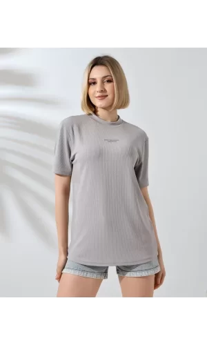 Luz&Pos Unisex Bisiklet Yaka Baskılı Slim Fit T-shirt - Boyalı Gri