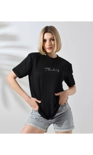 Luz&Pos Unisex Bisiklet Yaka Baskılı Slim Fit T-shirt - Siyah