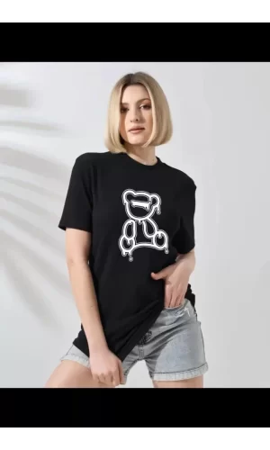 Unisex Bisiklet Yaka Baskılı T-Shirt - Siyah