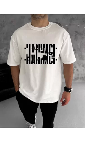 Luz&Pos Unisex Bisiklet Yaka Katlanan Baskılı T-shirt - Beyaz