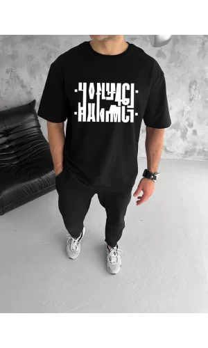 Luz&Pos Unisex Bisiklet Yaka Katlanan Baskılı T-shirt - Siyah