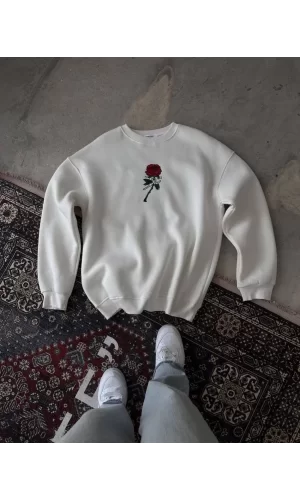 Luz&Pos Unisex Bisiklet Yaka Ön Ve Arka Baskılı Sweatshirt - Beyaz
