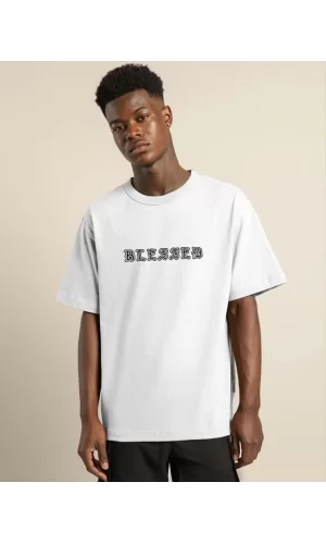Luz&Pos Unisex Bisiklet Yaka Oversize Baskılı T-shirt - Beyaz