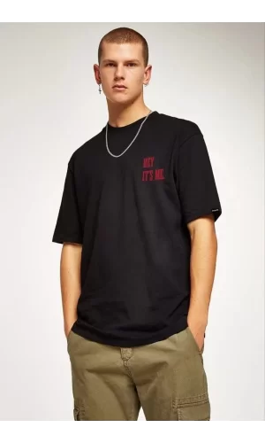 Luz&Pos Unisex Bisiklet Yaka Oversize Baskılı T-shirt - Siyah