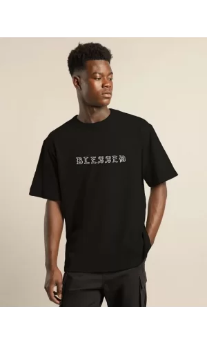 Luz&Pos Unisex Bisiklet Yaka Oversize Baskılı T-shirt - Siyah
