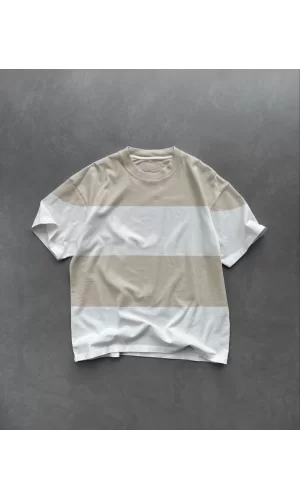 Luz&Pos Unisex Bisiklet Yaka Parçalı T-shirt - Bej