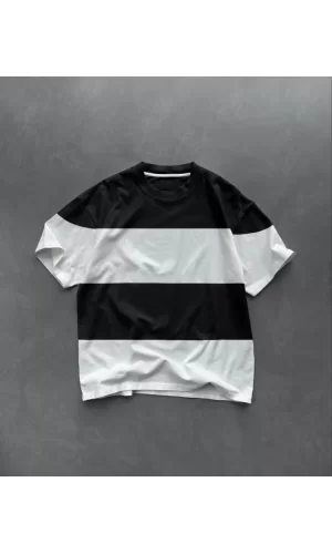 Unisex Bisiklet Yaka Parçalı T-Shirt - Siyah