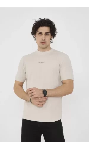 Unisex Bisiklet Yaka Slim Fit T-Shirt- Bej
