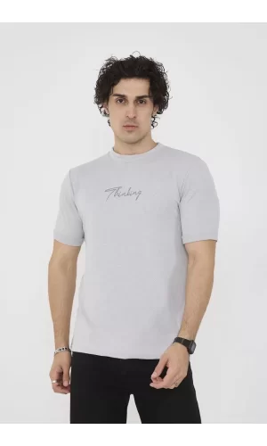 Luz&Pos Unisex Bisiklet Yaka Slim Fit T-shirt- Boyalı Gri