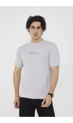 Unisex Bisiklet Yaka Slim Fit T-Shirt- Boyalı Gri