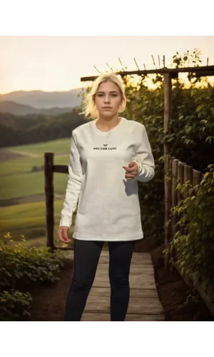 Unisex Bisiklet Yaka Uzun Kollu T-Shirt - Beyaz
