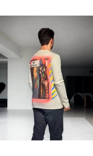 Luz&Pos Unisex Bisiklet Yaka Uzun Kollu T-shirt - Beyaz