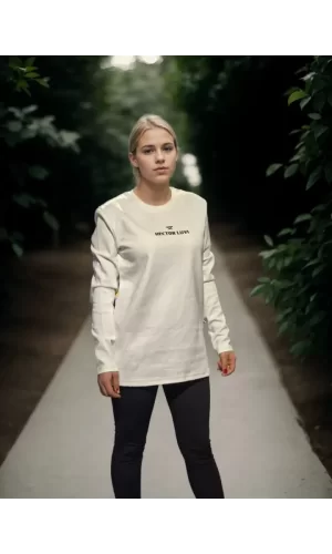Unisex Bisiklet Yaka Uzun Kollu T-Shirt - Beyaz