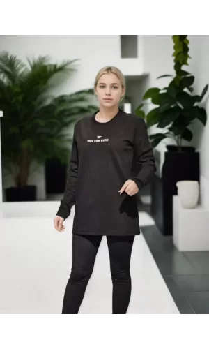 Unisex Bisiklet Yaka Uzun Kollu T-Shirt - Siyah