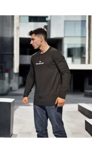 Unisex Bisiklet Yaka Uzun Kollu T-Shirt - Siyah