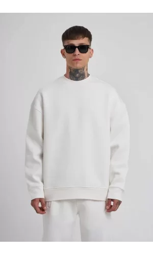 Luz&Pos Unisex Biskilet Yaka Üç İplik Sweatshirt - Beyaz