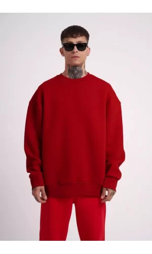 Luz&Pos Unisex Biskilet Yaka Üç İplik Sweatshirt - Kırmızı