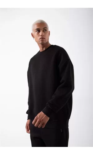 Luz&Pos Unisex Biskilet Yaka Üç İplik Sweatshirt - Siyah