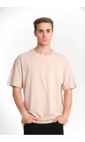Luz&Pos Unisex Düz Biskilet Yaka Oversize T-shirt - Bej