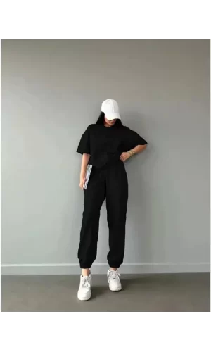 Unisex Düz T-Shirt Ve Eşofman Takımı - Siyah