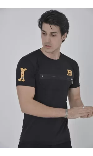Unisex Göğüs Fermuarlı Baskılı T-Shirt - Siyah